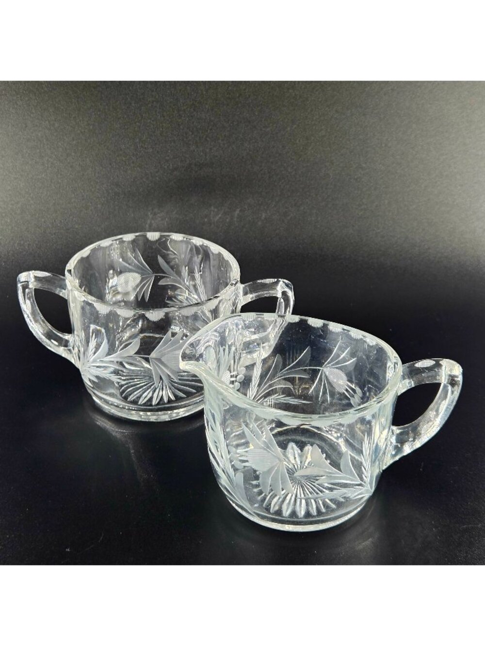 Vintage Etched Thistle Crystal Creamer Sugar Bowl Set MidCentury American Design